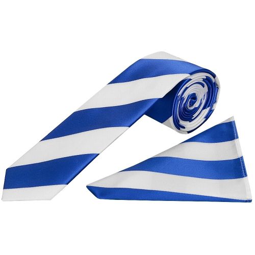 Blue and White Striped Skinny Boys Football Tie and Pocket Square