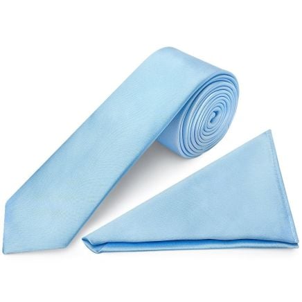 Plain Sky Blue Satin Skinny Men's Tie and Pocket Square Set