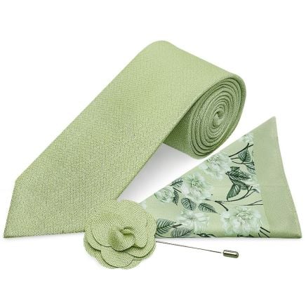 Sage Classic Green Mens Tie with Pocket Square and Lapel Pin Set