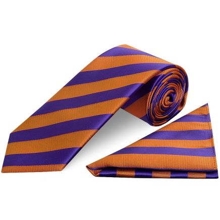 Purple and Orange Striped Classic Men's Tie and Pocket Square Set
