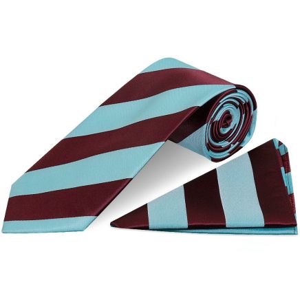 Claret and Blue Striped Hand Made Classic Men's Football Tie and Pocket Square Set