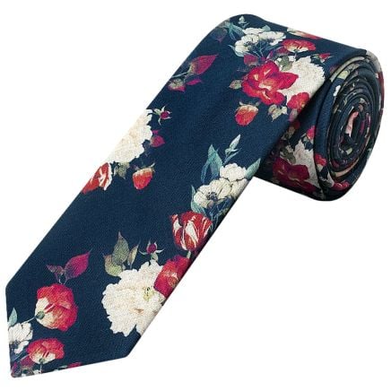 Men's Navy Cotton Skinny Tie with White and Red Flower Pattern