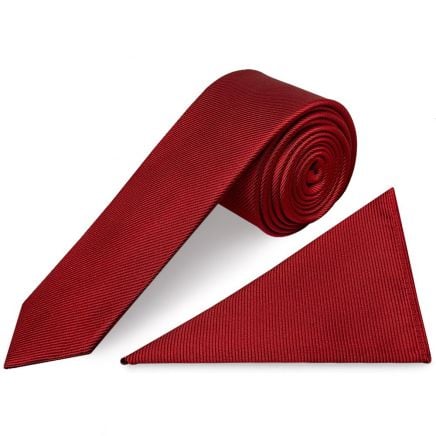 Red Silk Twill Skinny Mens Tie and Pocket Square Set