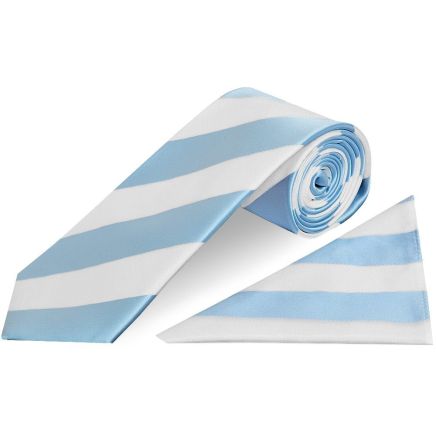 Sky Blue and White Striped Classic Men's Football Tie and Pocket Square Set