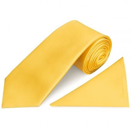 Plain Yellow Gold Satin Classic Men's Tie and Pocket Square Set