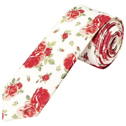 Men's White Cotton Skinny Tie with Pink Rose Pattern