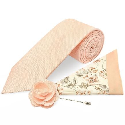 Classic Peach Mens Tie with Pocket Square and Lapel Pin Set