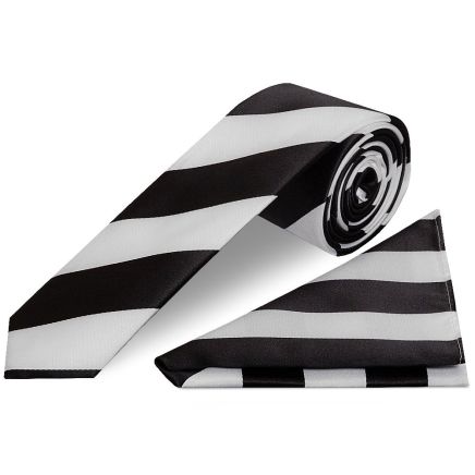 Black and White Striped Skinny Men's Football Tie and Pocket Square Set