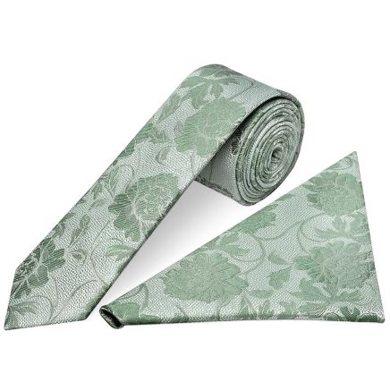 Green Flower Skinny Men's Tie and Pocket Square Set