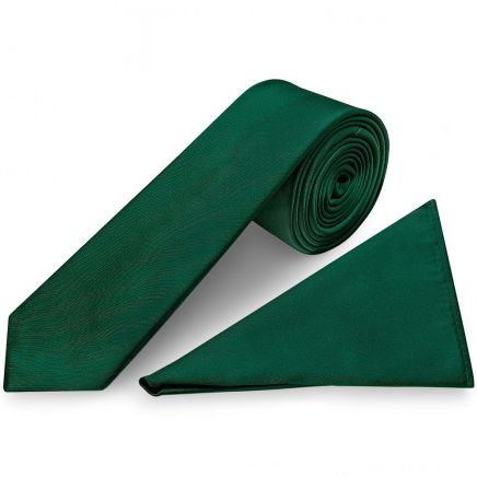 Plain Bottle Green Satin Skinny Men's Tie and Pocket Square Set
