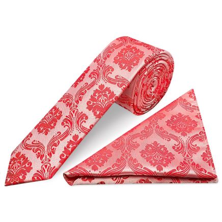 Bright Red Paisley Skinny Boys Tie and Pocket Square Set