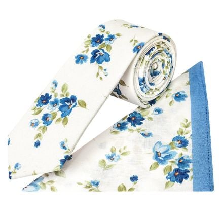 White Cotton with Blue Flower Pattern Skinny Tie and Pocket Square Set