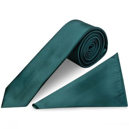 Plain Dark Teal Satin Skinny Men's Tie and Pocket Square Set