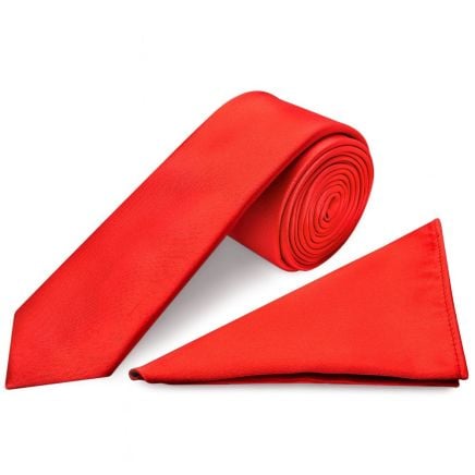 Plain Bright Red Satin Skinny Men's Tie and Pocket Square Set