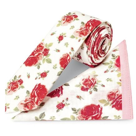 White Cotton with Pink Rose Pattern Skinny Tie and Pocket Square Set