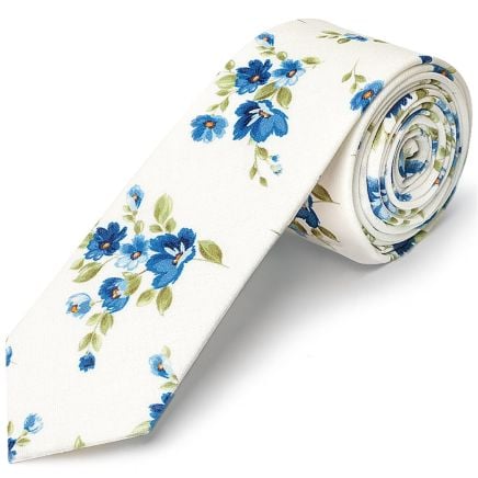 Men's White Cotton Skinny Tie with Blue Flower Pattern