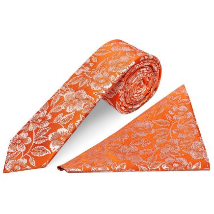 Mens Orange Floral Silk Skinny Tie and Pocket Square