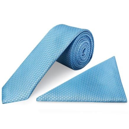 Blue Textured Skinny Tie and Pocket Square Set