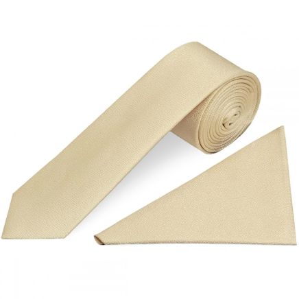 Plain Champagne Textured Silk Skinny Men's Tie and Pocket Square Set