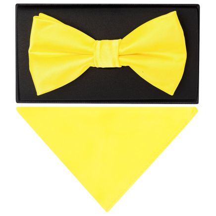 Plain Sunshine Yellow Handmade Mens Bow Tie and Pocket Square Set