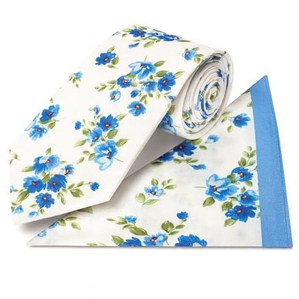 White Cotton with Blue Flower Pattern Classic Tie and Pocket Square Set