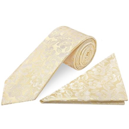 Mens Champagne Floral Silk Classic Tie and Pocket Square