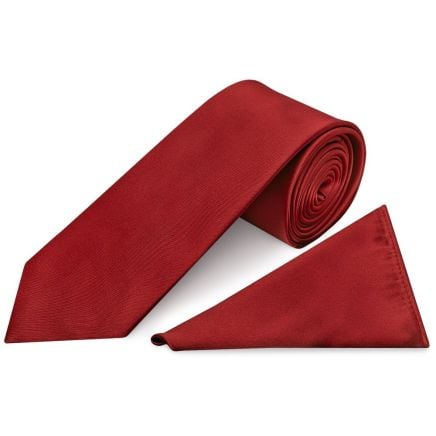 Plain Red Wine Satin Classic Men's Tie Pocket Square Set