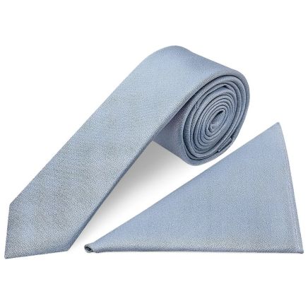 Plain Dusty Blue Silk Skinny Men's Tie and Pocket Square Set