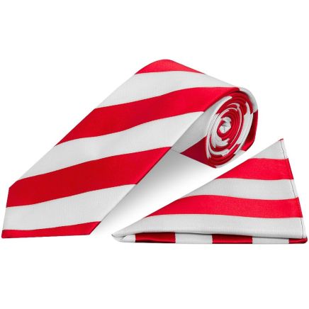 Red and White Striped Hand Made Classic Men's Football Tie and Pocket Square Set