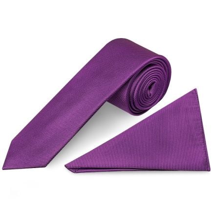 Cadbury Purple Silk Twill Skinny Mens Tie and Pocket Square Set