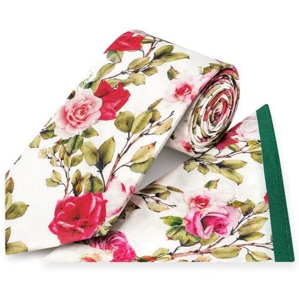 White Cotton with Green Leaves and Rose Pattern Classic Tie and Pocket Square Set