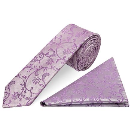 Lilac Floral Skinny Boys Tie and Pocket Square Set