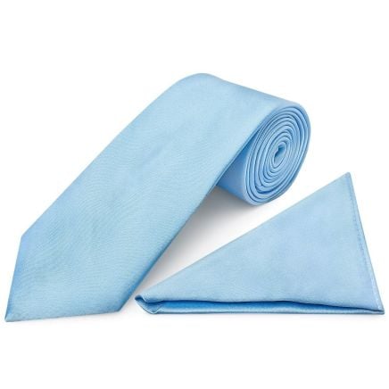 Plain Sky Blue Satin Classic Men's Tie and Pocket Square Set