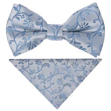 Pre Tied Dusty Blue Floral Boys Bow Tie and Pocket Square Set Age 4-7