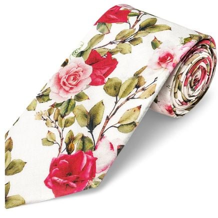 Men's White Cotton Classic Tie with Green Leaves and Rose Pattern