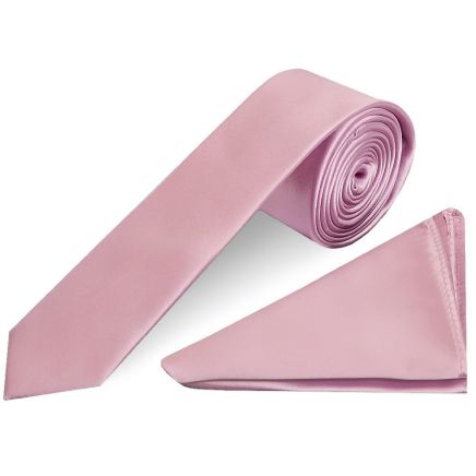Plain Light Dusty Pink Satin Skinny Boys Tie and Pocket Square Set