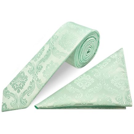 Mint Green Paisley Skinny Men's Tie and Pocket Square Set