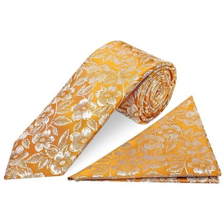 Mens Gold Floral Silk Classic Tie and Pocket Square