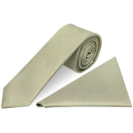 Plain Khaki Green Silk Skinny Men's Tie and Pocket Square Set
