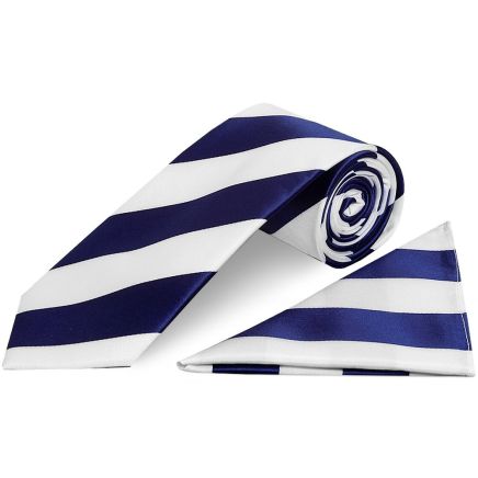 Navy and White Striped Classic Men's Football Tie and Pocket Square Set