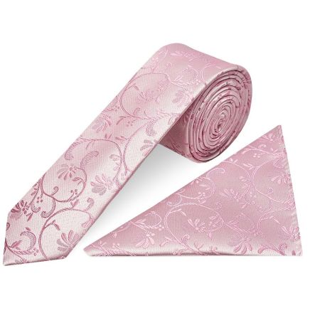 Dusty Pink Floral Skinny Boys Tie and Pocket Square Set