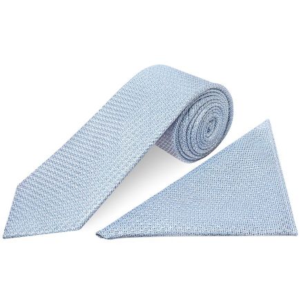 Plain Blue Grenadine Silk Classic Men's Tie and Pocket Square Set
