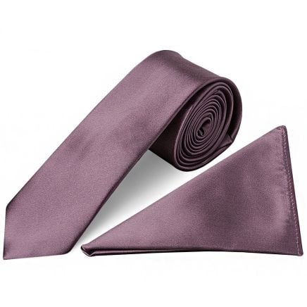 Plain Mauve Satin Skinny Men's Tie and Pocket Square Set