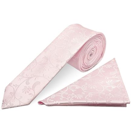 Blush Pink Floral Skinny Boys Tie and Pocket Square Set