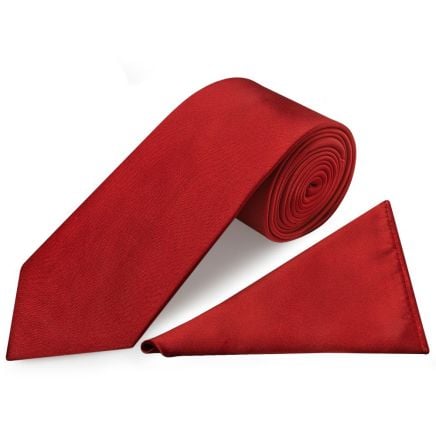 Plain Scarlet Red Satin Classic Men's Tie  and Pocket Square Set