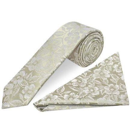 Mens Dusty Sage Floral Silk Skinny Tie and Pocket Square
