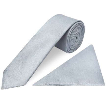 Plain Light Blue Textured Silk Skinny Men's Tie and Pocket Square Set