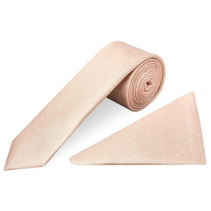 Pink with White Spot Silk Skinny Tie and Pocket Square Set