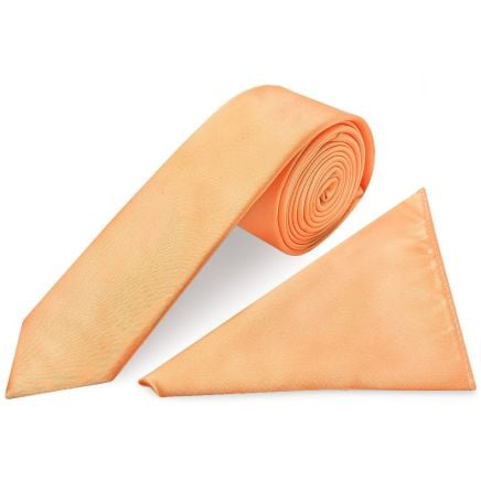 Plain Peach Satin Skinny Men's Tie and Pocket Square Set