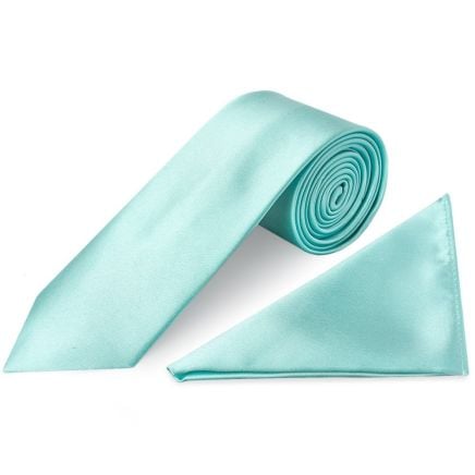 Plain Aqua Satin Classic Men's Tie and Pocket Square Set